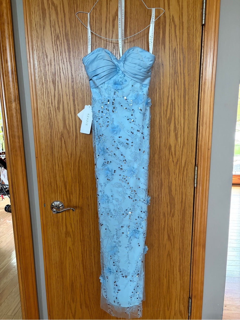 Azazie Light Blue Beaded Strapless Prom Dress